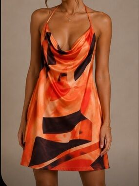 Red Abstract Print Mini Dress with Cowl Neck